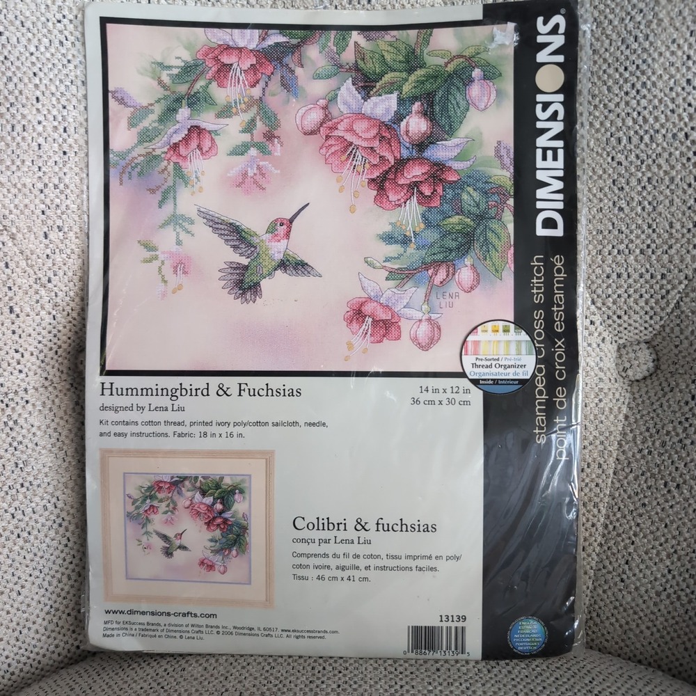 Dimensions Stamped Cross Stitch Kit 14x12 Hummingbird Fuchsias 13139 Lena Liu